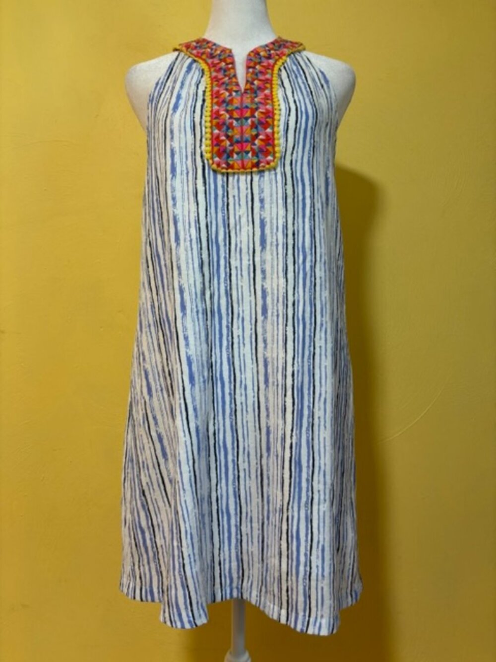 THML Blue Striped Multicolor Embroidered Halter Mini Dress Women's Size XS